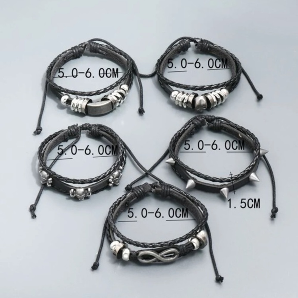 5 pcs Men Skull Black Faux Leather Bracelet Set - Picture 4 of 6